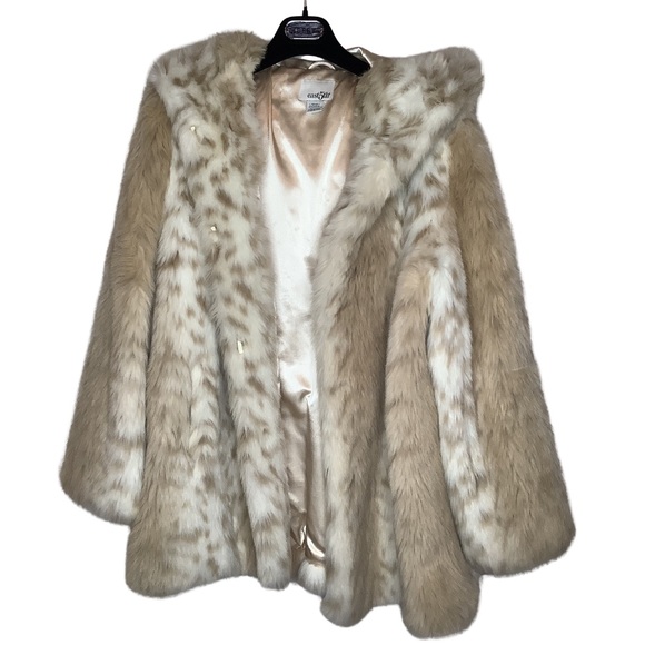 East 5th Vintage Faux Fur Snow Leopard Lynx Print Coat with Hood - Picture 5 of 12